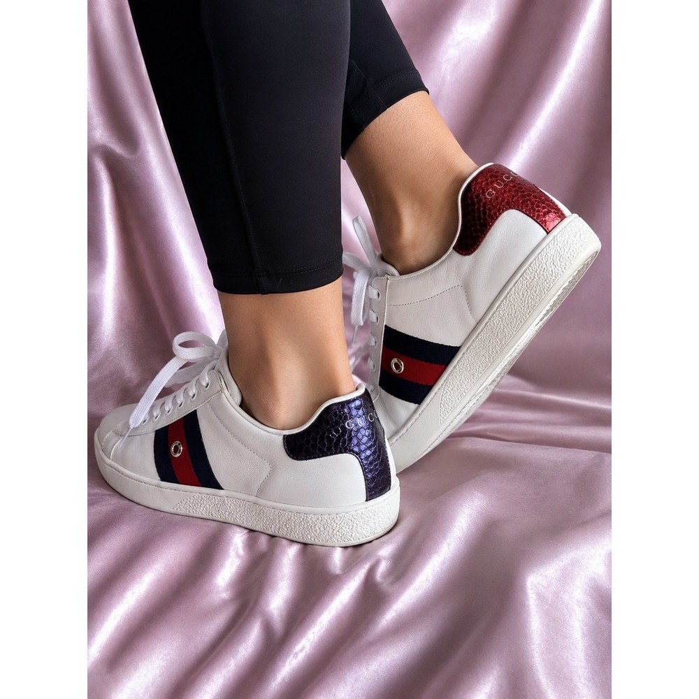 Gucci Ace‎ White Leather Web Stripe Sneakers Mismatched Snakeskin Heel Tabs